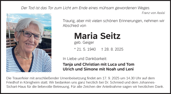 Traueranzeige von Maria Seitz von Fränkische Nachrichten