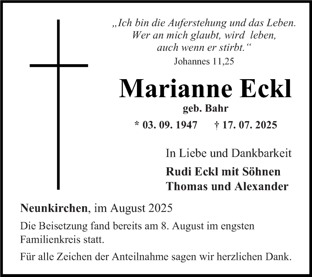  Traueranzeige für Marianne Eckl vom 09.08.2025 aus Fränkische Nachrichten
