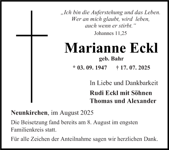 Traueranzeige von Marianne Eckl von Fränkische Nachrichten