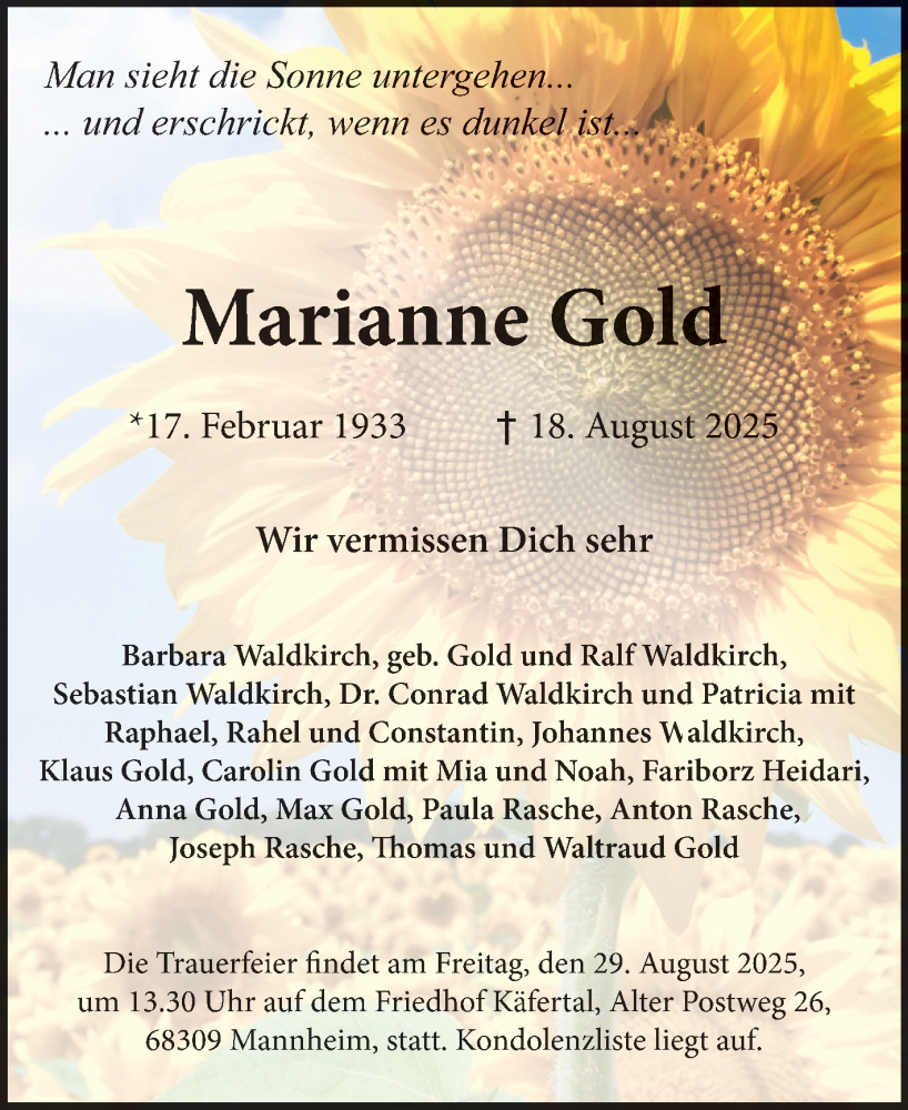  Traueranzeige für Marianne Gold vom 23.08.2025 aus Mannheimer Morgen