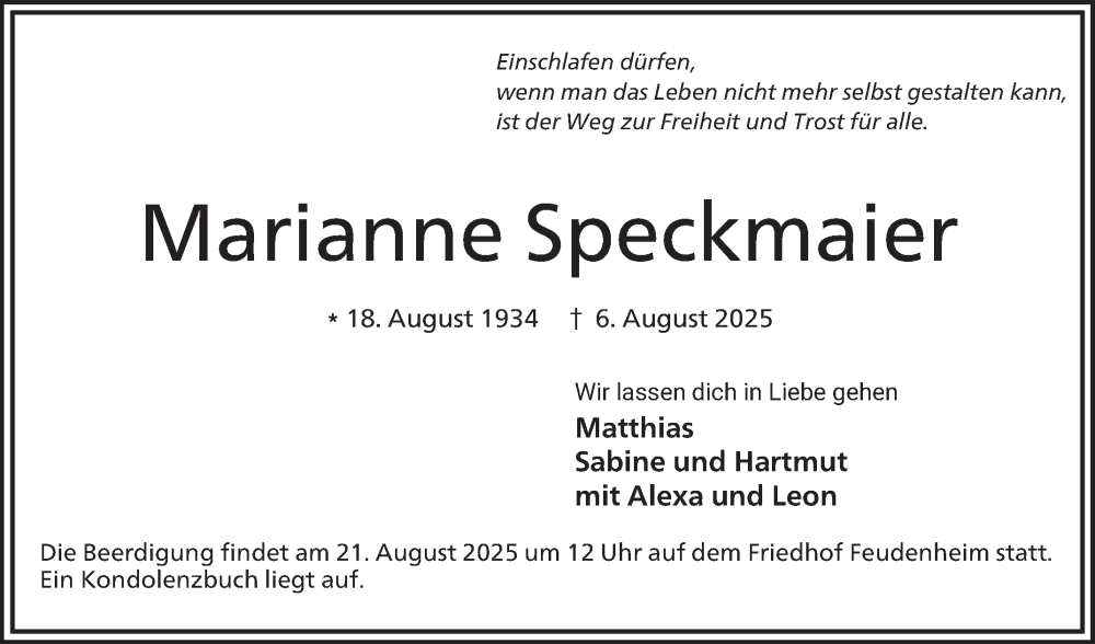  Traueranzeige für Marianne Speckmaier vom 16.08.2025 aus Mannheimer Morgen