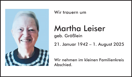 Traueranzeige von Martha Leiser von Fränkische Nachrichten