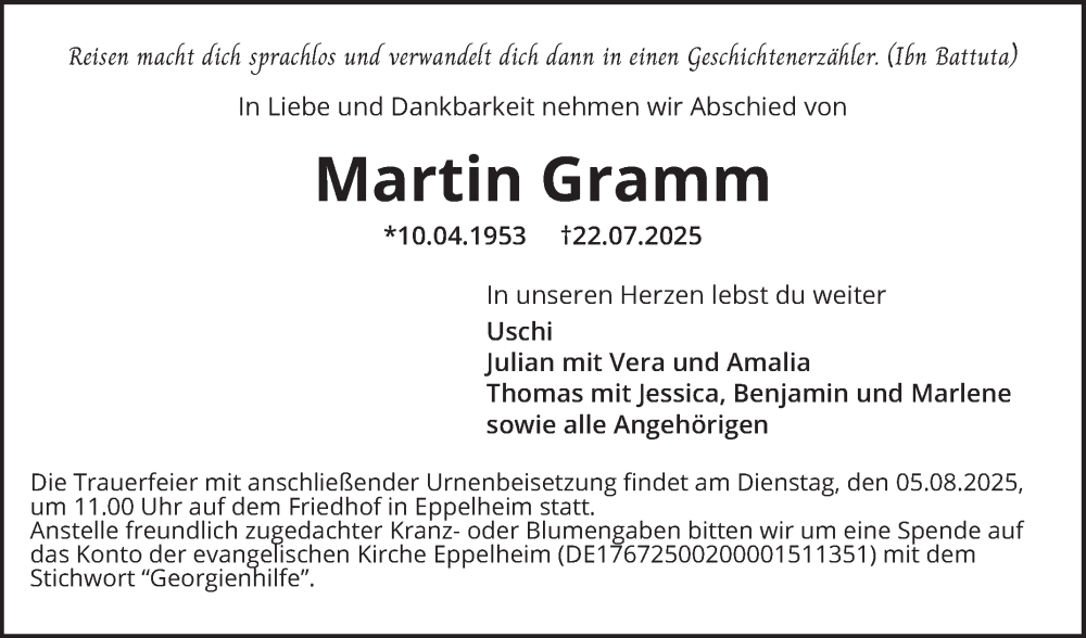  Traueranzeige für Martin Gramm vom 02.08.2025 aus Schwetzinger Zeitung