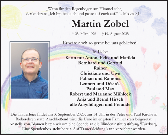Traueranzeige von Martin Zobel von Fränkische Nachrichten