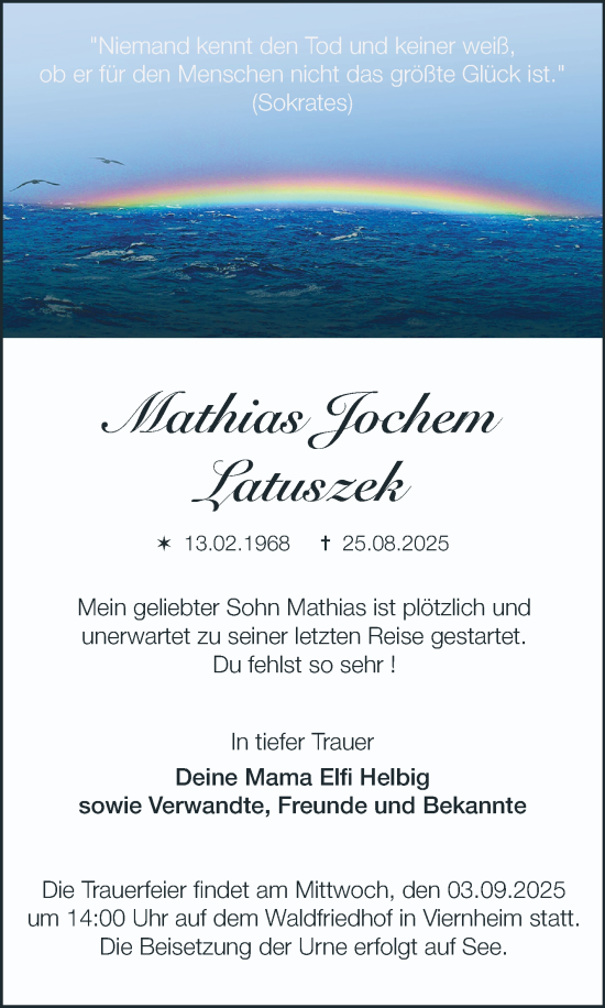 Traueranzeige von Mathias Jochem Latuszek von Mannheimer Morgen