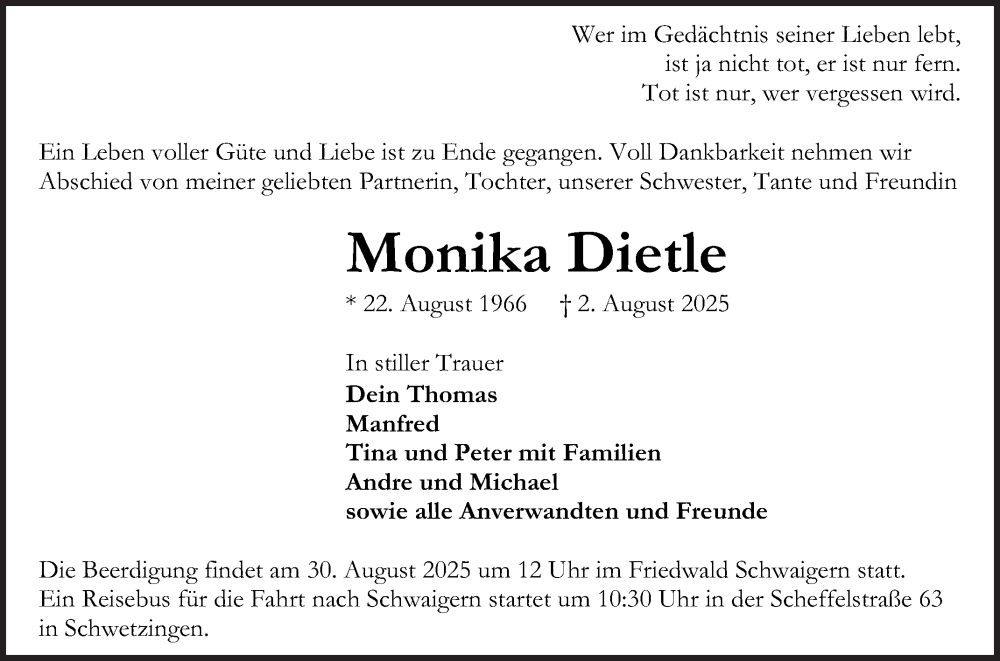  Traueranzeige für Monika Dietle vom 09.08.2025 aus Mannheimer Morgen