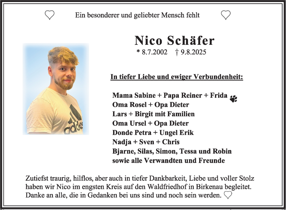  Traueranzeige für Nico Schäfer vom 26.08.2025 aus Mannheimer Morgen