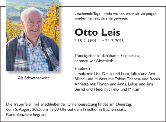 Traueranzeige von Otto Leis von Fränkische Nachrichten