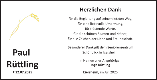 Traueranzeige von Paul Rüttling von Fränkische Nachrichten