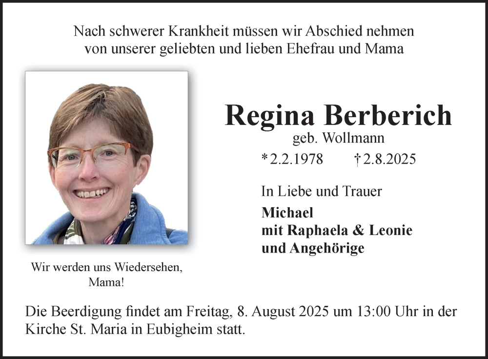  Traueranzeige für Regina Berberich vom 06.08.2025 aus Fränkische Nachrichten