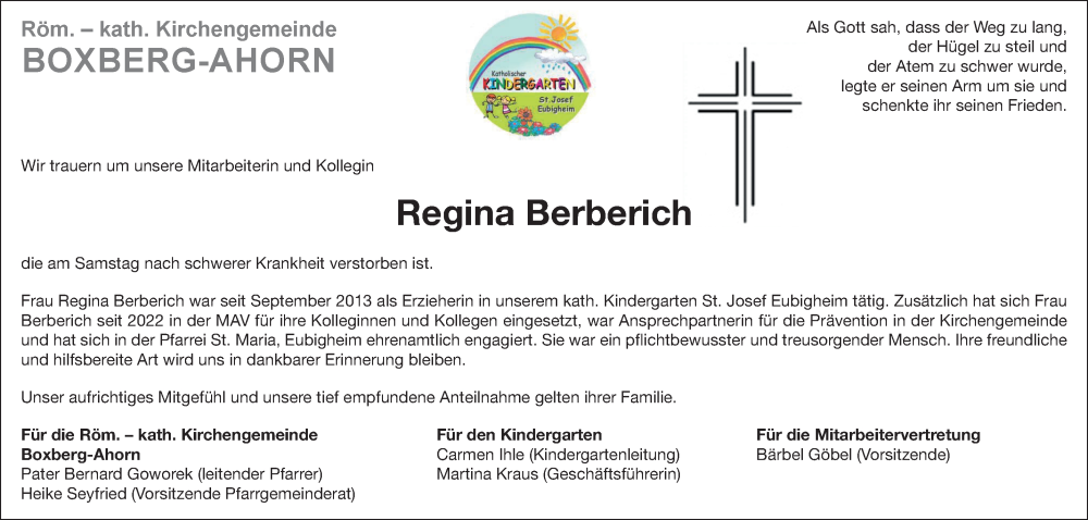  Traueranzeige für Regina Berberich vom 07.08.2025 aus Fränkische Nachrichten