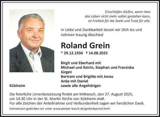 Traueranzeige von Roland Grein von Fränkische Nachrichten