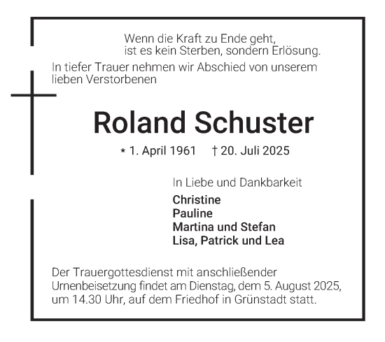 Traueranzeige von Roland Schuster von Mannheimer Morgen