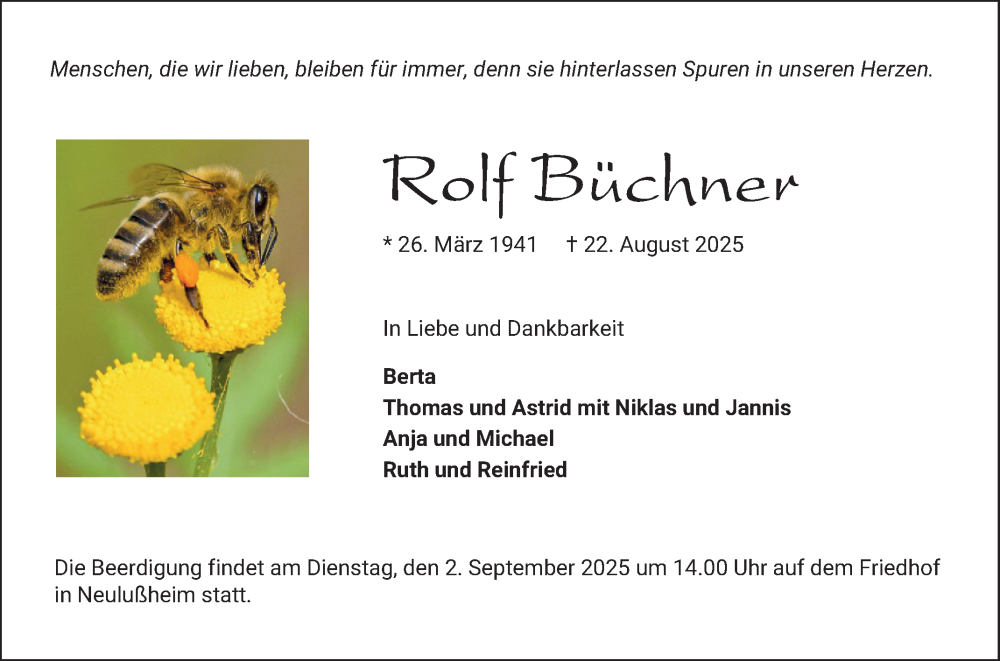  Traueranzeige für Rolf Büchner vom 30.08.2025 aus Schwetzinger Zeitung