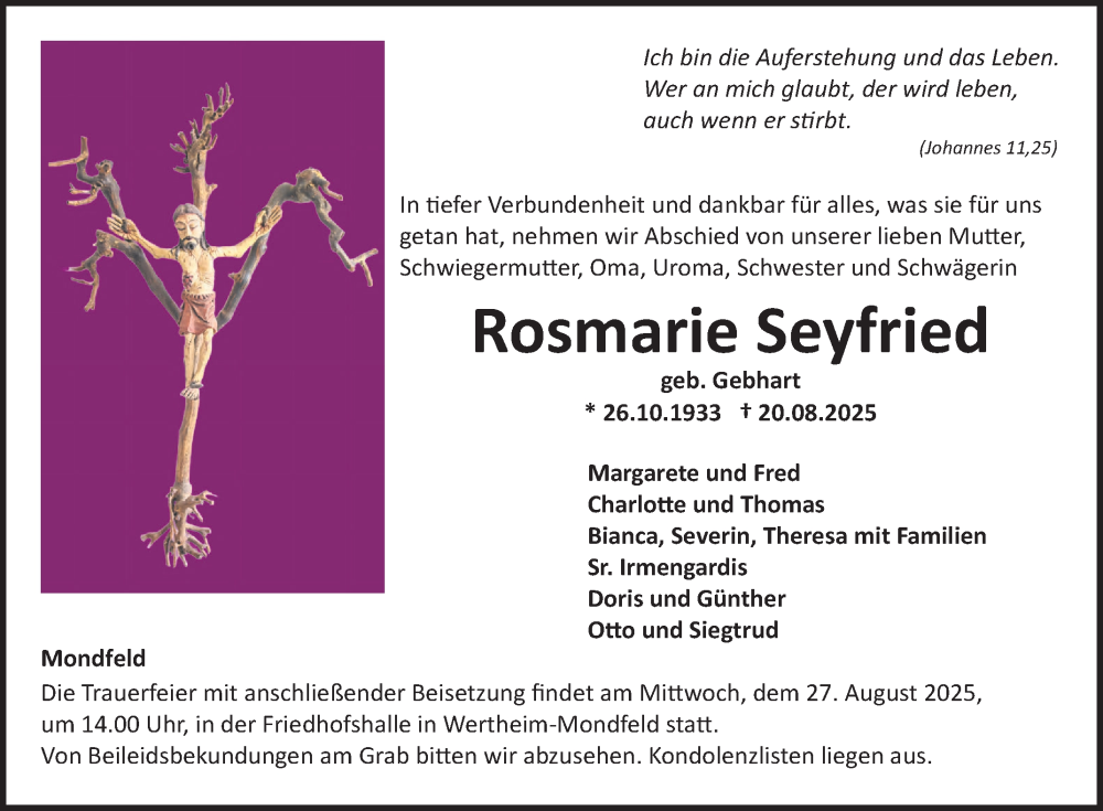  Traueranzeige für Rosmarie Seyfried vom 23.08.2025 aus Fränkische Nachrichten