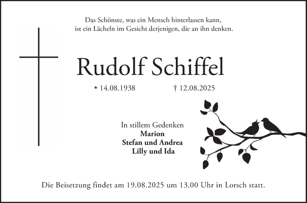  Traueranzeige für Rudolf Schiffel vom 16.08.2025 aus Bergsträßer Anzeiger