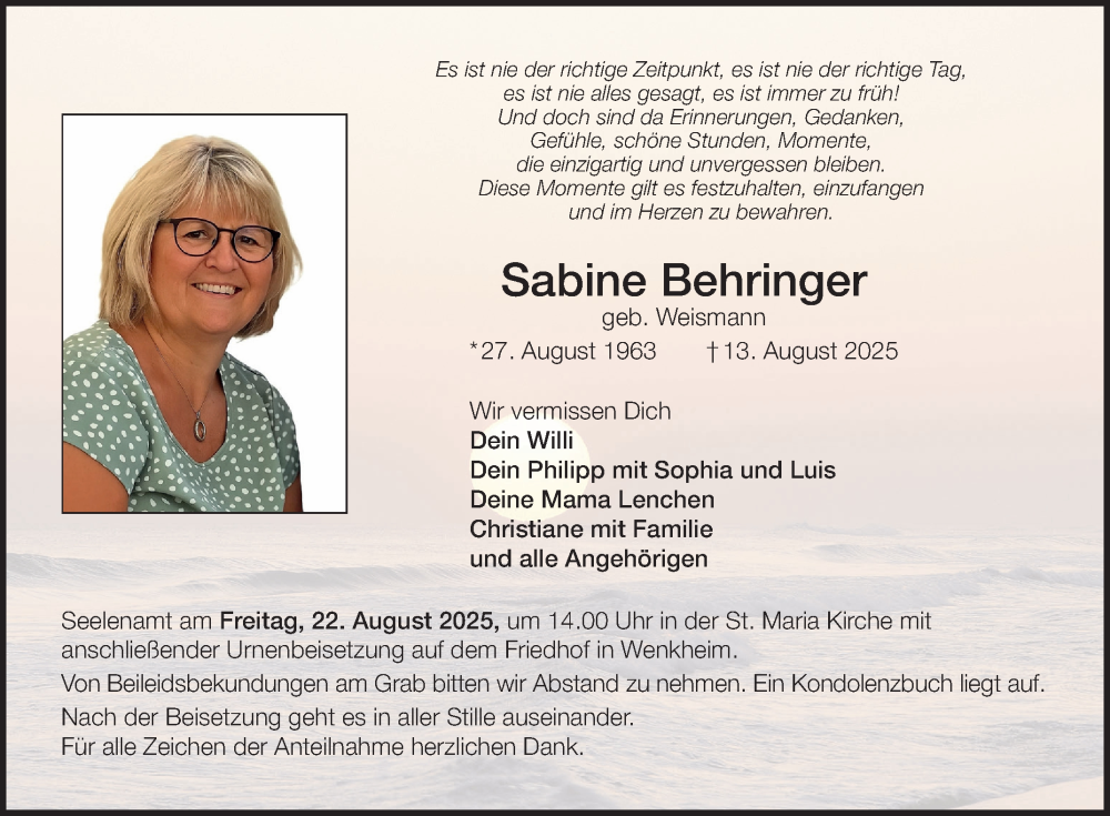  Traueranzeige für Sabine Behringer vom 20.08.2025 aus Fränkische Nachrichten