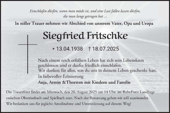 Traueranzeige von Siegfried Fritschke von Fränkische Nachrichten