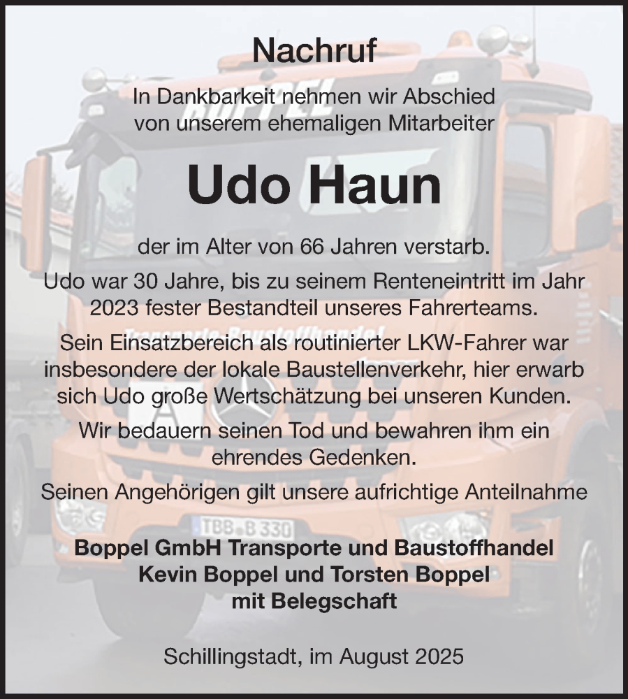  Traueranzeige für Udo Haun vom 23.08.2025 aus Fränkische Nachrichten