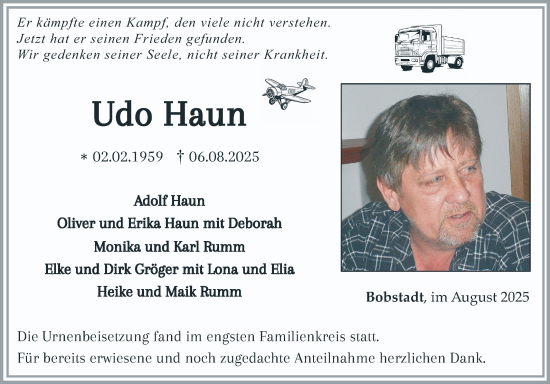 Traueranzeige von Udo Haun von Fränkische Nachrichten