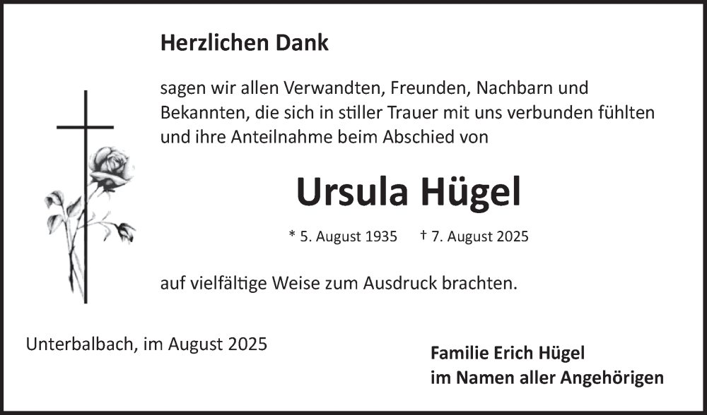  Traueranzeige für Ursula Hügel vom 29.08.2025 aus Fränkische Nachrichten