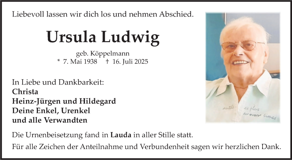  Traueranzeige für Ursula Ludwig vom 07.08.2025 aus Fränkische Nachrichten