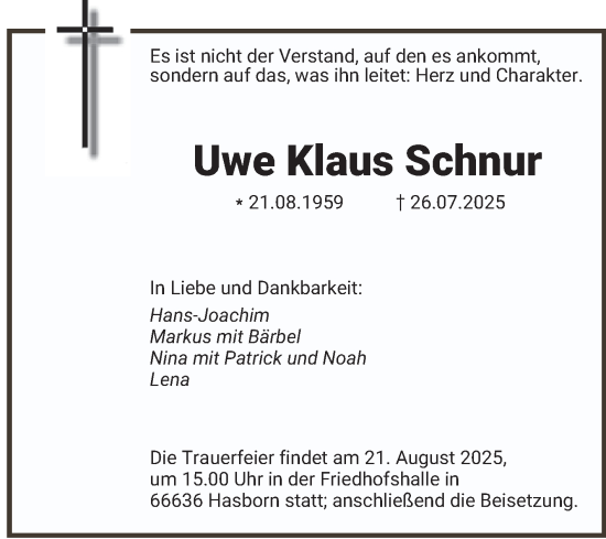 Traueranzeige von Uwe Klaus Schnur von Schwetzinger Zeitung