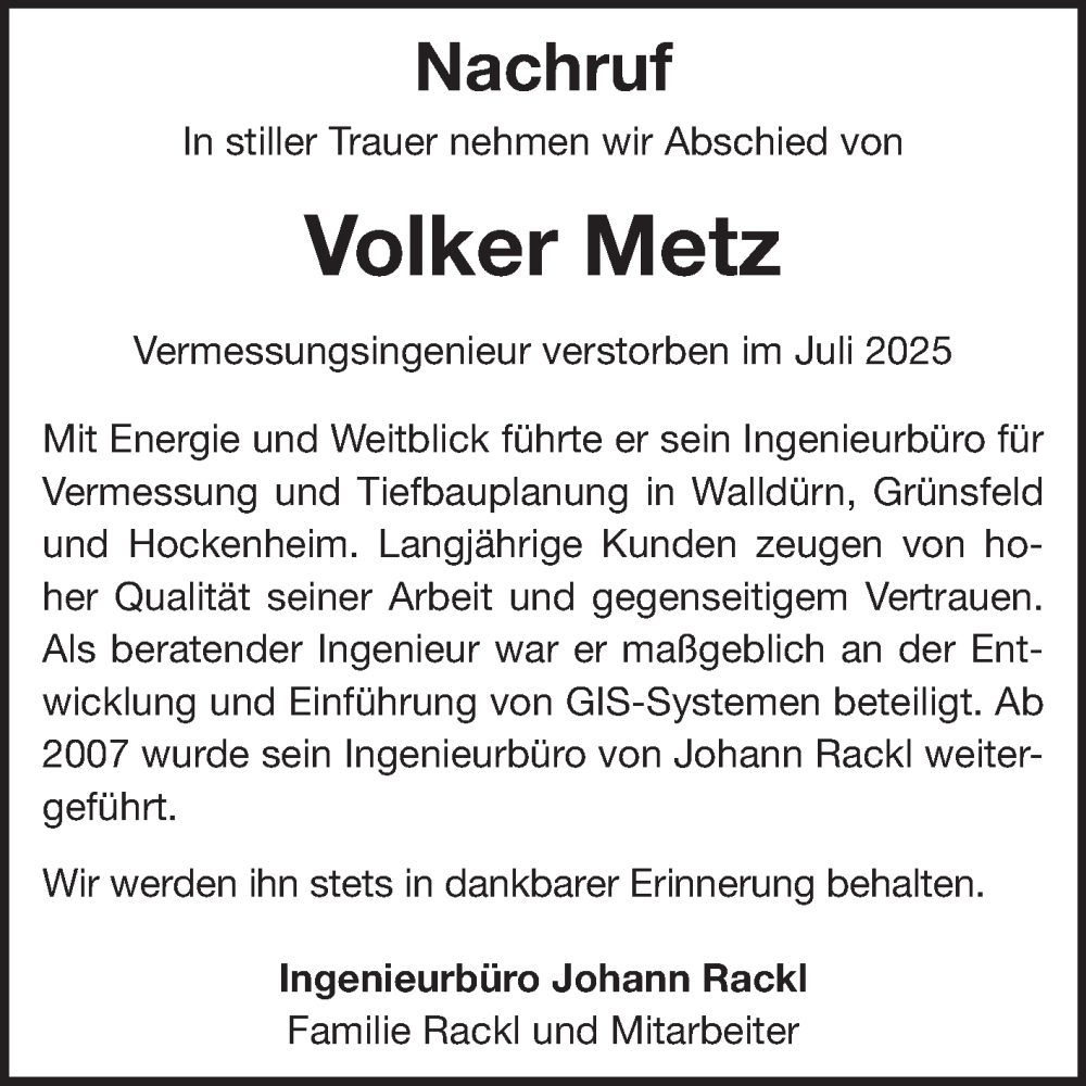  Traueranzeige für Volker Metz vom 09.08.2025 aus Fränkische Nachrichten