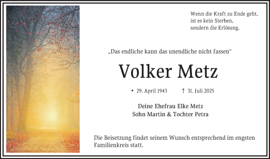 Traueranzeige von Volker Metz von Schwetzinger Zeitung