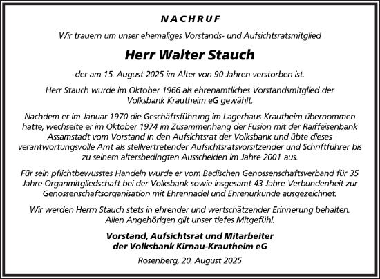 Traueranzeige von Walter Stauch von Fränkische Nachrichten