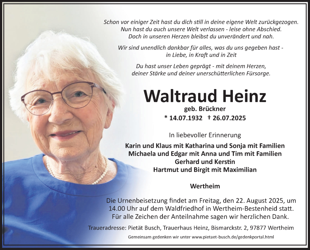  Traueranzeige für Waltraud Heinz vom 16.08.2025 aus Fränkische Nachrichten