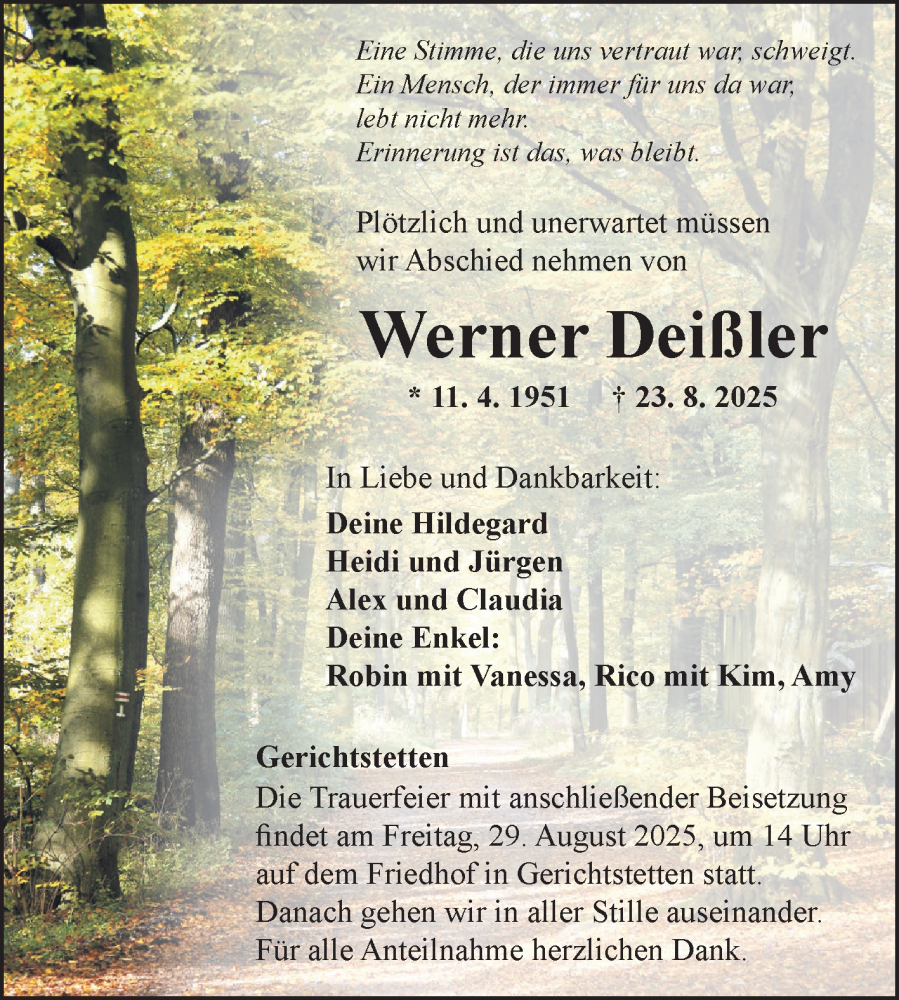  Traueranzeige für Werner Deißler vom 26.08.2025 aus Fränkische Nachrichten