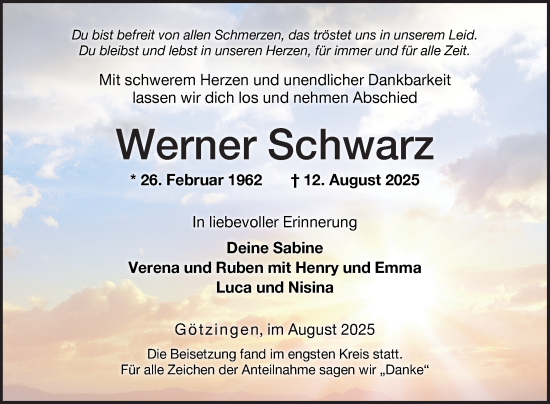 Traueranzeige von Werner Schwarz von Fränkische Nachrichten