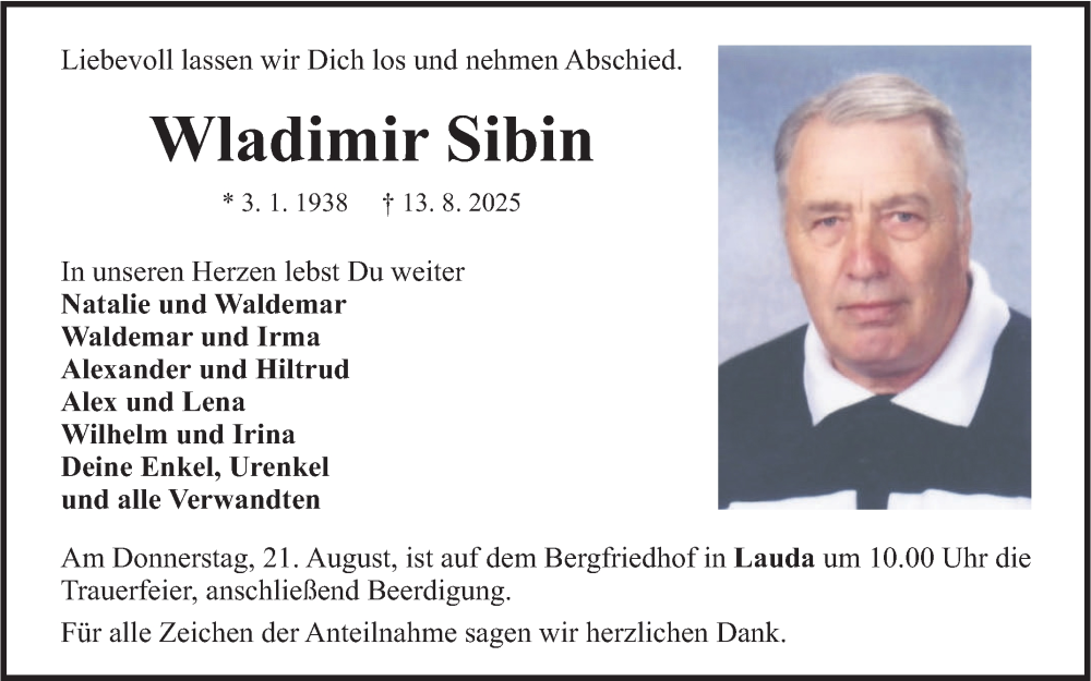  Traueranzeige für Wladimir Sibin vom 16.08.2025 aus Fränkische Nachrichten