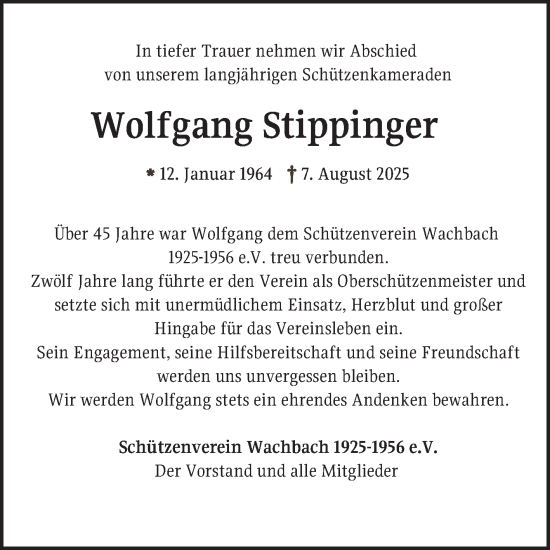 Traueranzeige von Wolfgang Stippinger von Fränkische Nachrichten