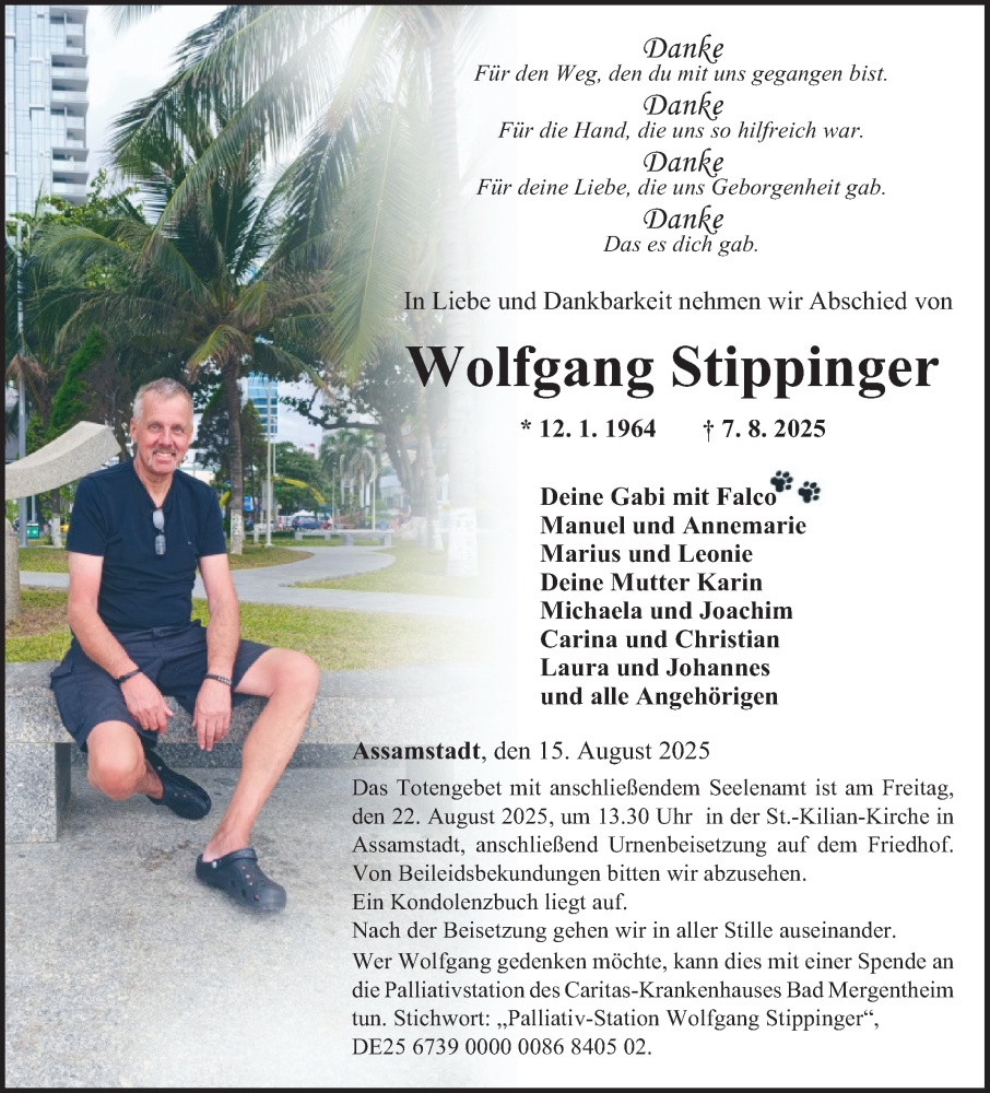  Traueranzeige für Wolfgang Stippinger vom 15.08.2025 aus Fränkische Nachrichten