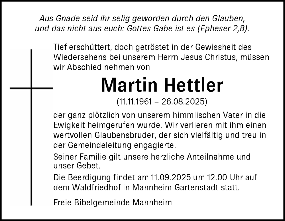  Traueranzeige für Martin Hettler vom 06.09.2025 aus Mannheimer Morgen