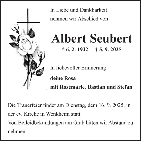 Traueranzeige von Albert Seubert von Fränkische Nachrichten
