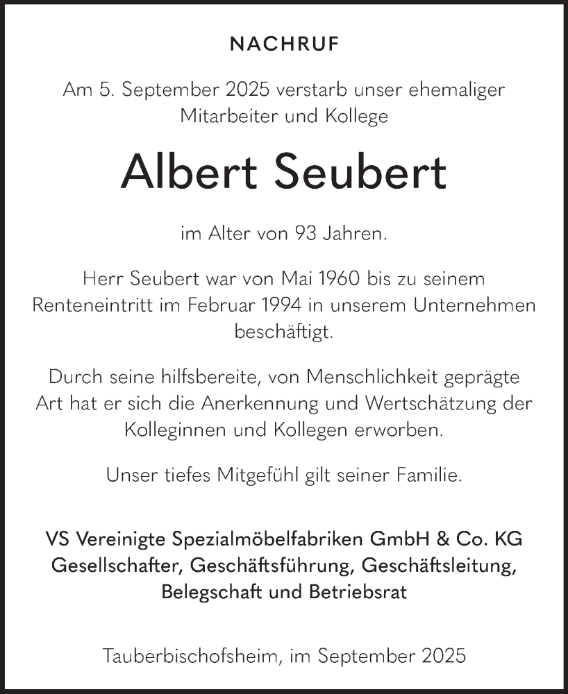  Traueranzeige für Albert Seubert vom 13.09.2025 aus Fränkische Nachrichten