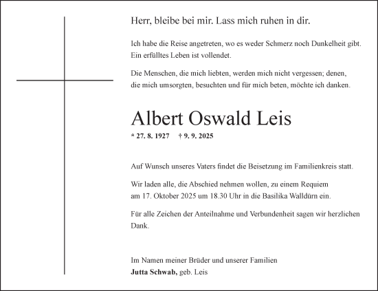 Traueranzeige von Albert Oswald Leis von Fränkische Nachrichten