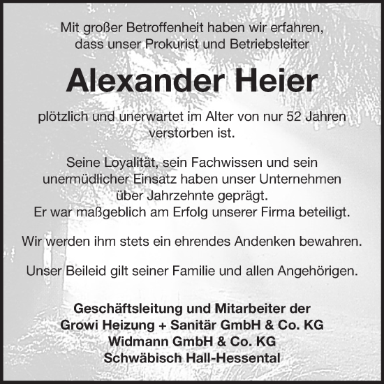 Traueranzeige von Alexander Heier von Fränkische Nachrichten
