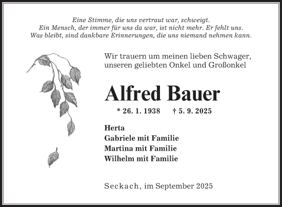 Traueranzeige von Alfred Bauer von Fränkische Nachrichten