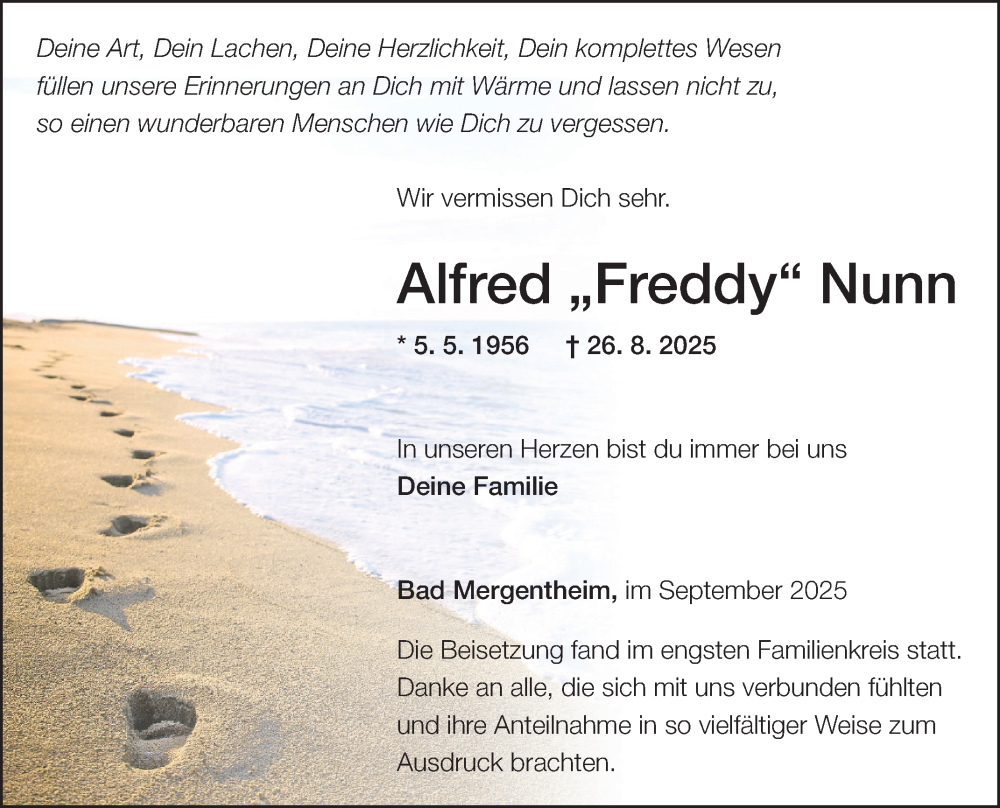  Traueranzeige für Alfred Nunn vom 06.09.2025 aus Fränkische Nachrichten