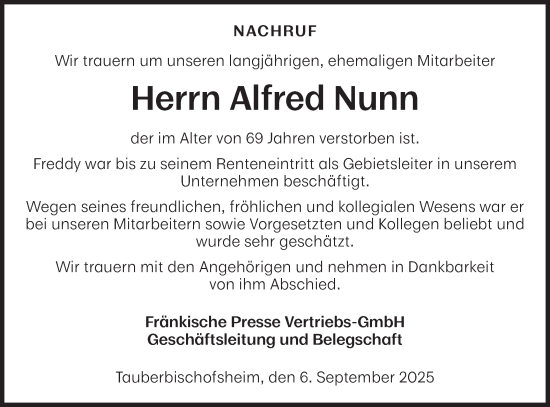Traueranzeige von Alfred Nunn von Fränkische Nachrichten