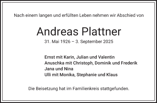 Traueranzeige von Andreas Plattner von Mannheimer Morgen