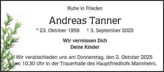 Traueranzeige von Andreas Tanner von Mannheimer Morgen
