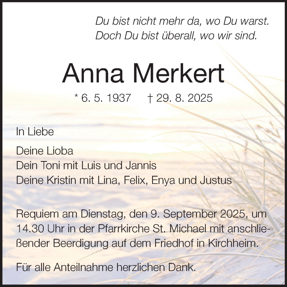  Traueranzeige für Anna Merkert vom 03.09.2025 aus Fränkische Nachrichten