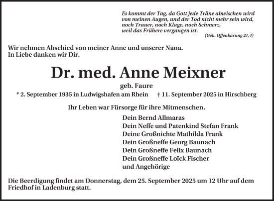 Traueranzeige von Anne Meixner von Mannheimer Morgen