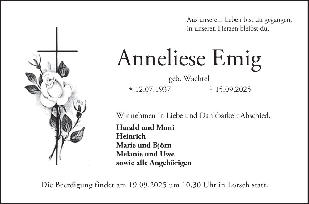  Traueranzeige für Anneliese Emig vom 18.09.2025 aus Bergsträßer Anzeiger