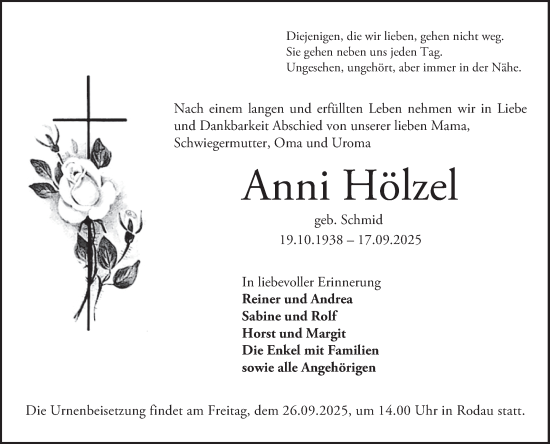 Traueranzeige von Anni Hölzel von Bergsträßer Anzeiger